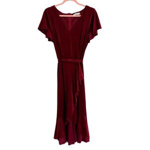 High-Low Velvet Dress in Burgundy with Self Tie Waist